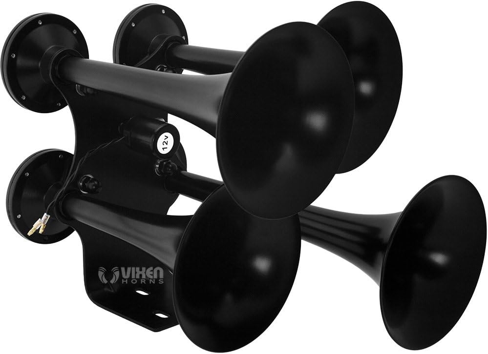 Vixen Horns Train Horn for Truck/Car. 4 Air Horn Black Heavy Duty Trumpets. Super Loud dB. Fits 12v Vehicles like Semi/Pickup/Jeep/RV/SUV VXH4318B