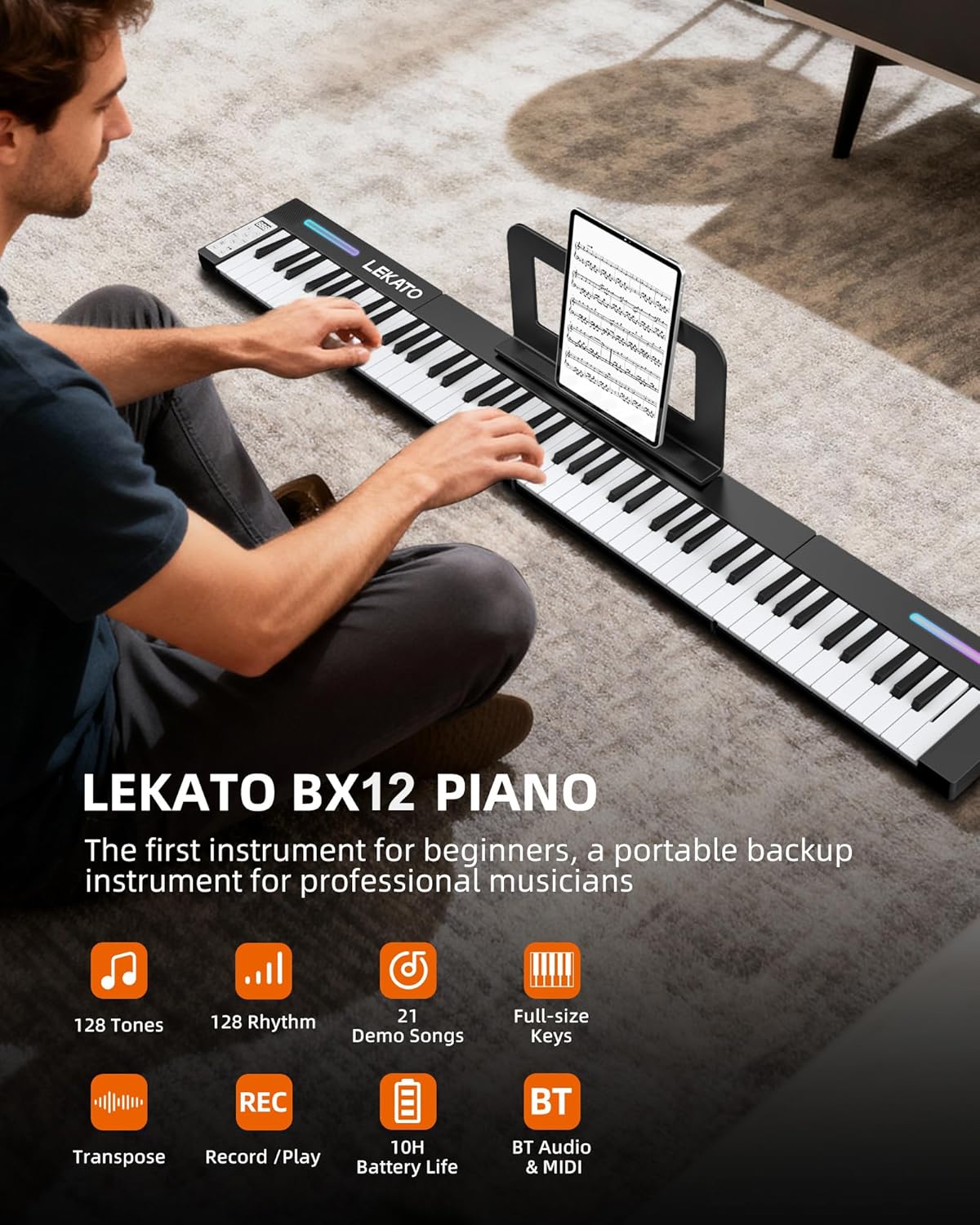 LEKATO Portable Piano Keyboard, 4 pcs Magnetic Electric Piano with Up to 88 Keys, 128 Tones, 128 Rhythm, 21 Demo, Split, Dual Tone, Record, Bluetooth MIDI, Headphone Jack, for Beginners Home Travel