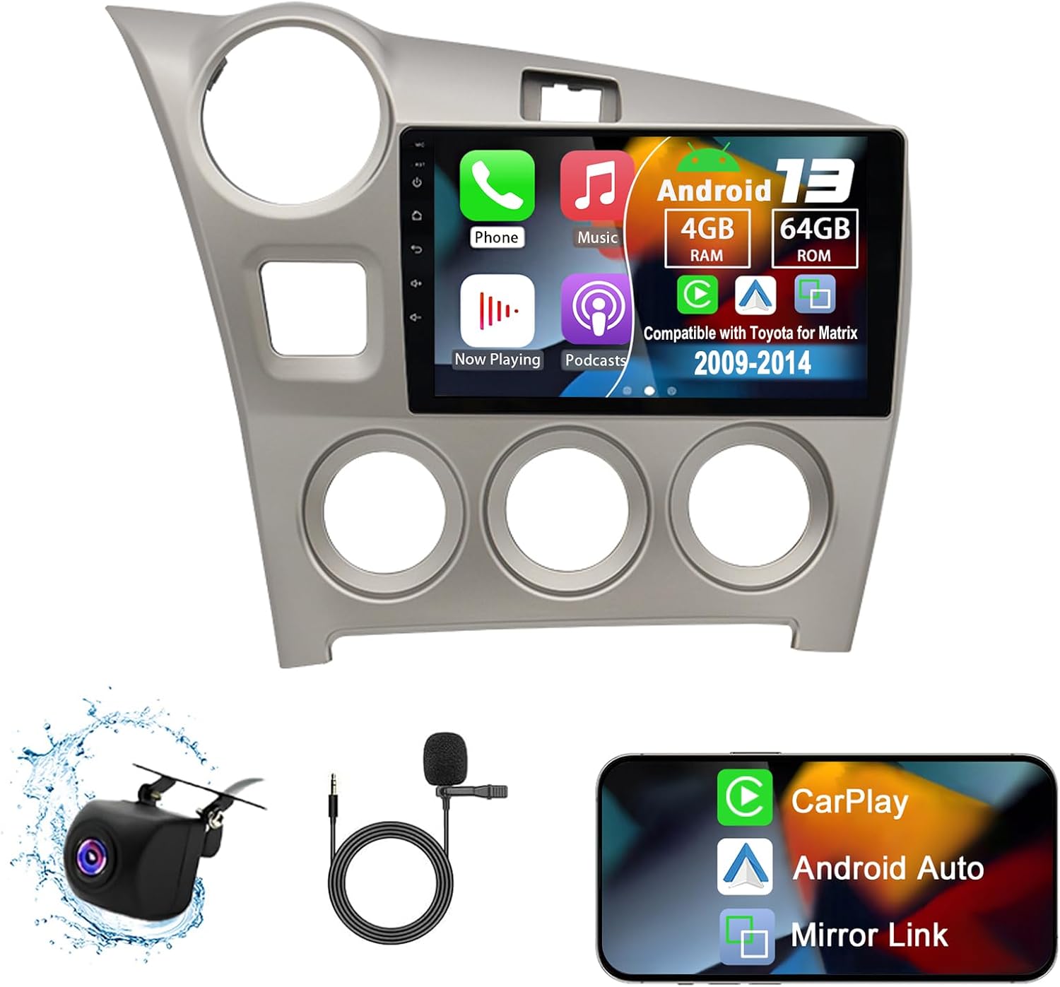 Android 13 Car Radio Compatible with Toyota for Matrix 2009-2014, 4G+64G 9