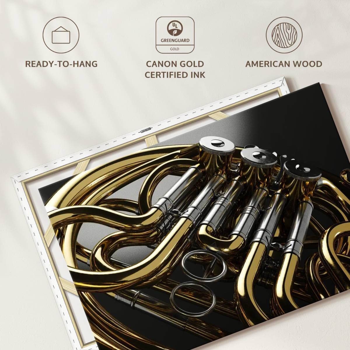 ElephantStock - Shiny French Horn Wall Art - Horizontal Canvas Wall Art - Living Room Wall Decor - Photography Music Canvas Art - Gray And Beige Decor - 51