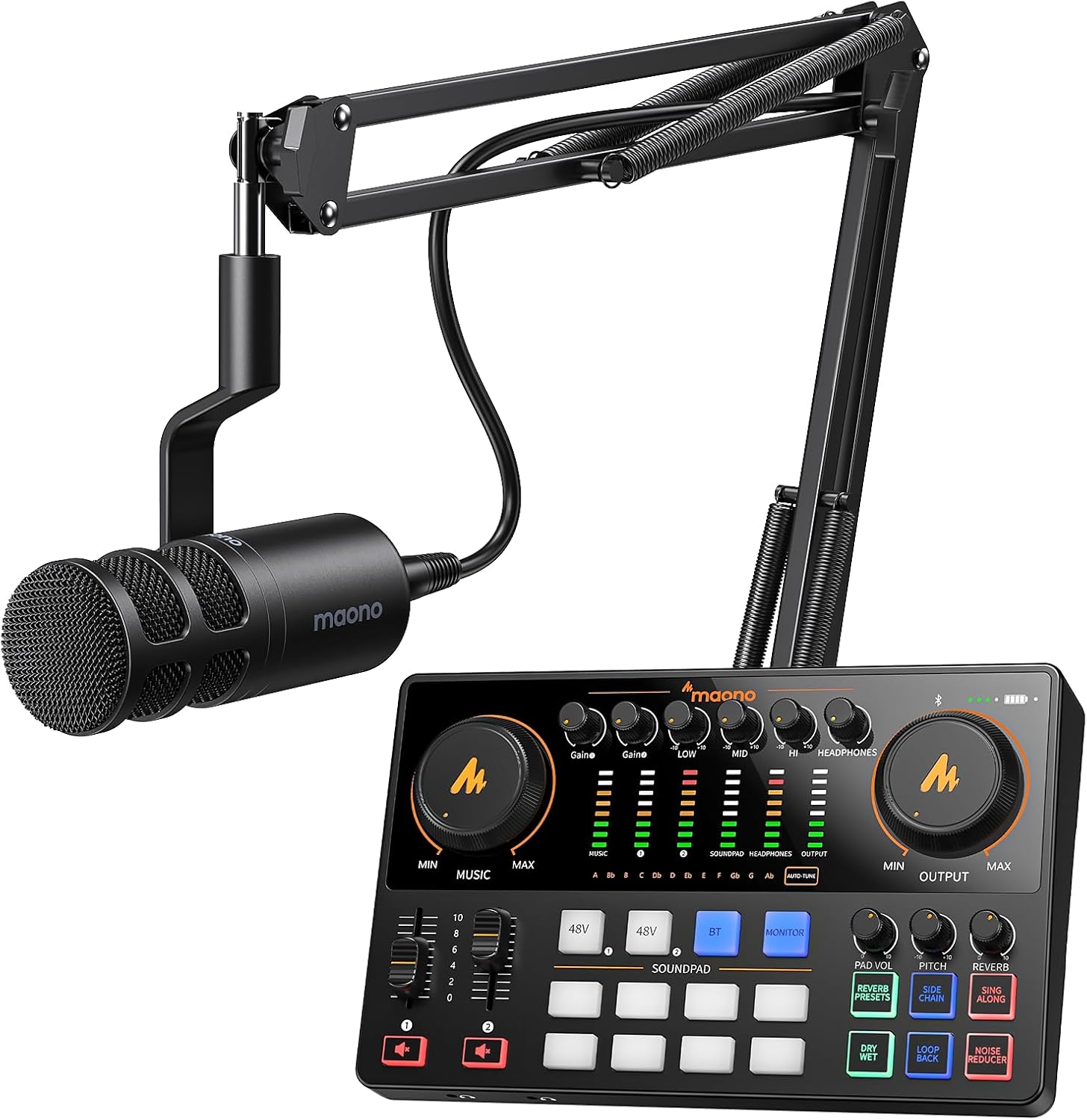 MAONO Podcast Equipment Bundle: Audio Interface, XLR Dynamic Mic with Dual XLR Input, Quick to Mute, Noise Reduction, 8 Customize soundpads for Podcast Recording, Streaming, YouTube