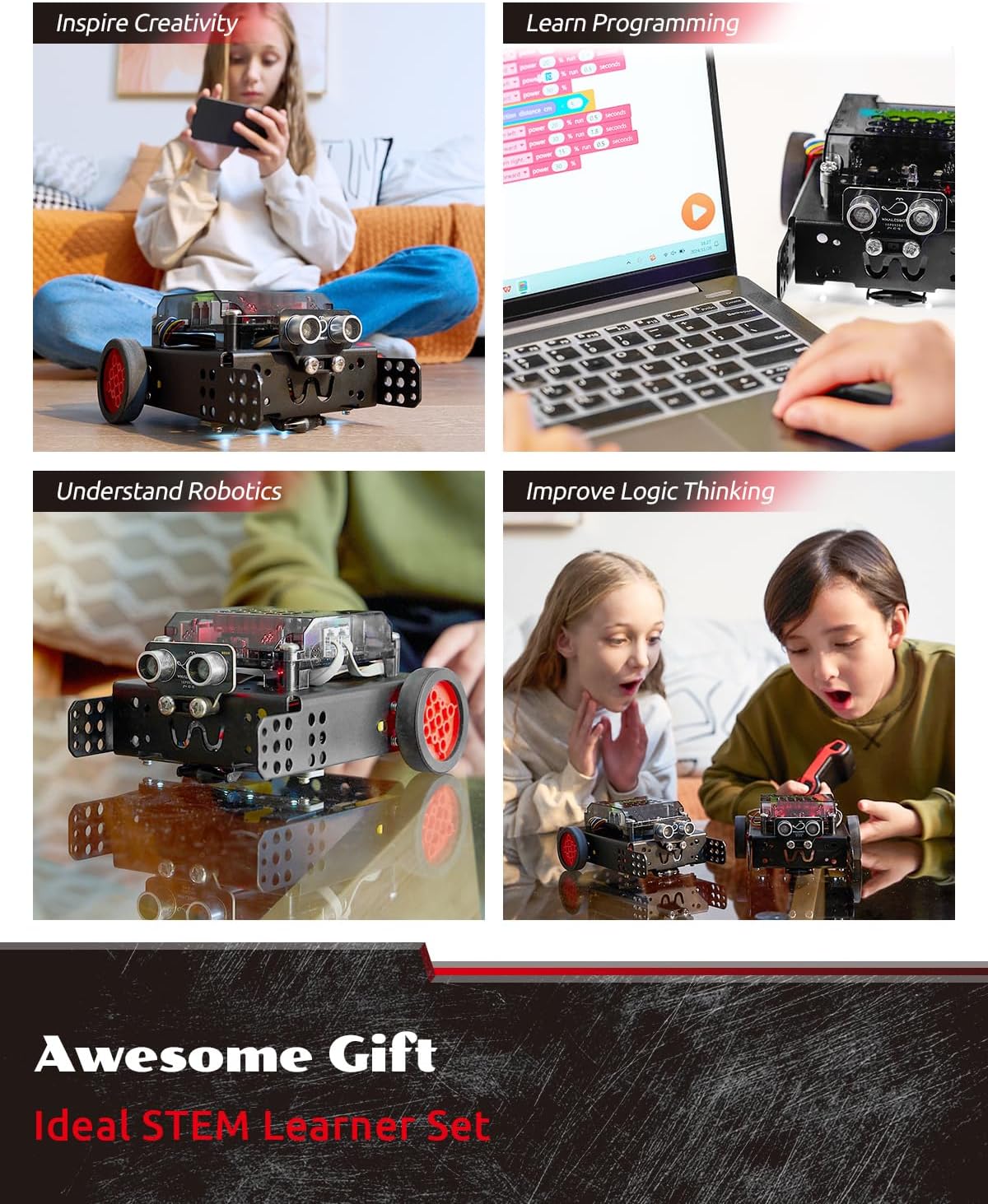 WhalesBot Rocky Smart Robot Car Coding & Remote Control Kit for Kids 8-16, STEM, Modular/Scratch/Python/C Programming, Educational Engineering Science Toy Set