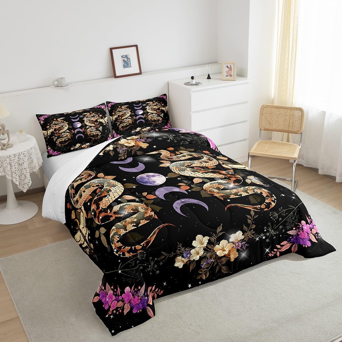 Gothic Snake Moth Comforter Set King Size,Purple Moon Stars Galaxy Boho Bedding Set All Season Quilt Set,Wild Animal Flowers Leaves Black Microfiber Polyester Down Comforter