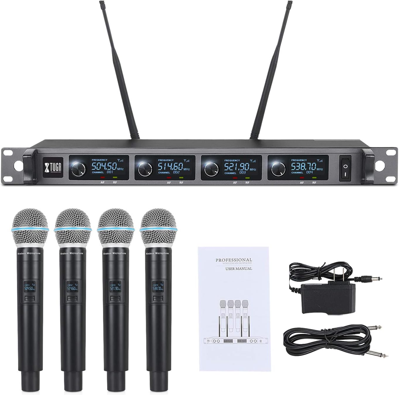 XTUGA A140 4 Wireless Microphone System, Handheld Cordless Mics UHF with Metal, 300ft Wide Range Fit for Karaoke Church Weddings Events