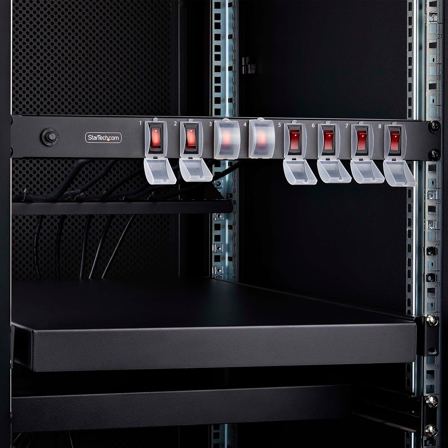 StarTech.com 8-Outlet Horizontal Rack Mount PDU, 1U Power Strip, Outlet On/Off Switches, 15A Breaker, 8ft/2.4m Cord NEMA 5-15, TAA