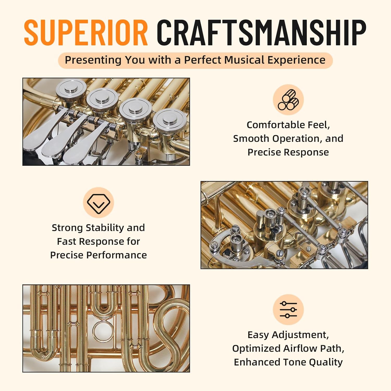 B Flat 4 Key Single Row French Horn - Brass Lacquer Gold Craft French Horn - Includes Musical Instrument Box For Beginners Examinations Professional Performance