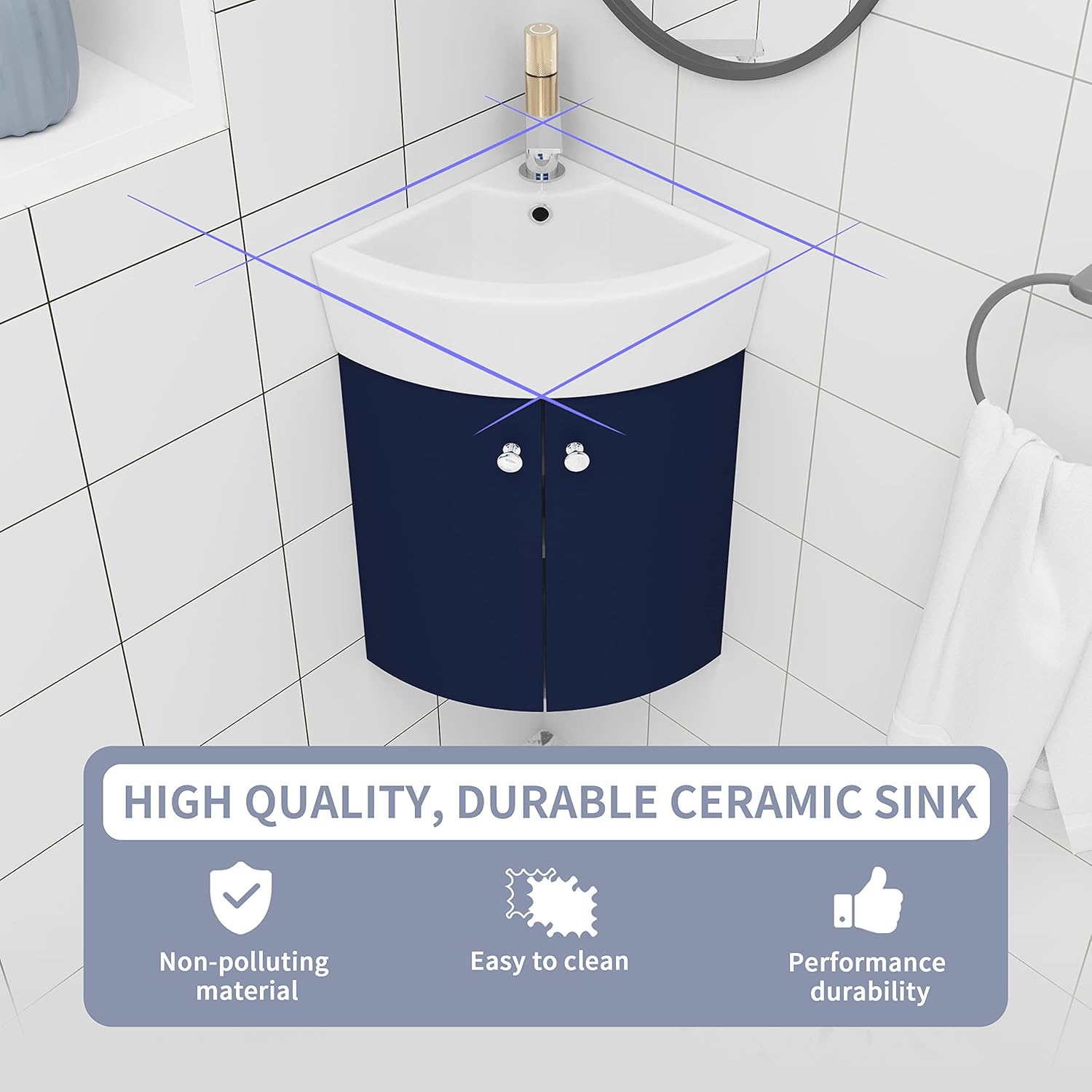 Corner Wall-Mount Vanity with White Ceramic Integrated Sink, Non-Adjustable Shelf, Soft Closing Metal Hinges, Scratch & Water-Resistant Melamine - 12.8