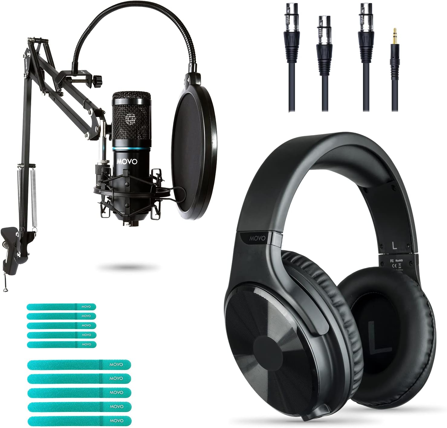 Movo Studio Microphone and Podcast Equipment Bundle - 3.5mm TRS and XLR Condenser Microphone for Singing, Podcasts, and More - Studio Headphones with Mic, Pop Filter, Boom Stand - Recording Studio Set