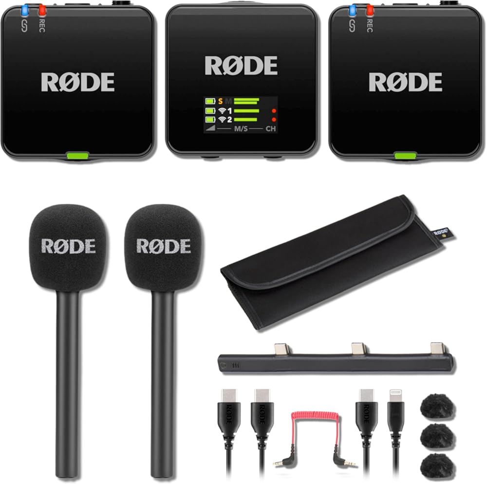 Rode Wireless GO (Gen3) Dual‑Channel Compact Wireless Mic System – 32‑Bit Float Recording, GainAssist, USB‑C/3.5mm, Includes 2X Rode Interview GO, Windscreens, Cables, Carry Case & Charging Hub