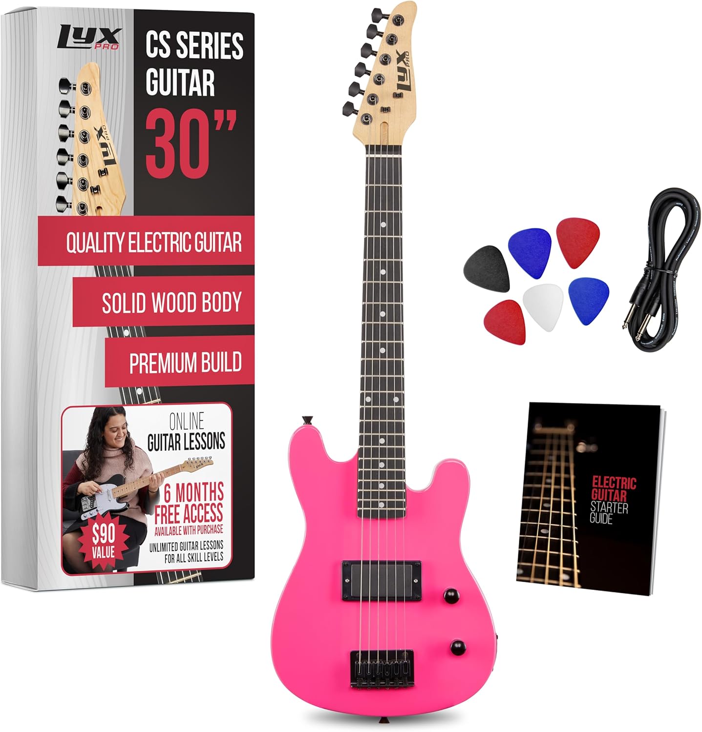 LyxPro CS 30” Electric Guitar Kit for Beginner, Intermediate & Pro Players with Guitar, Amp Cable, 6 Picks & Learner’s Guide | Solid Wood Body, Volume/Tone Controls, 5-Way Pickup - Pink