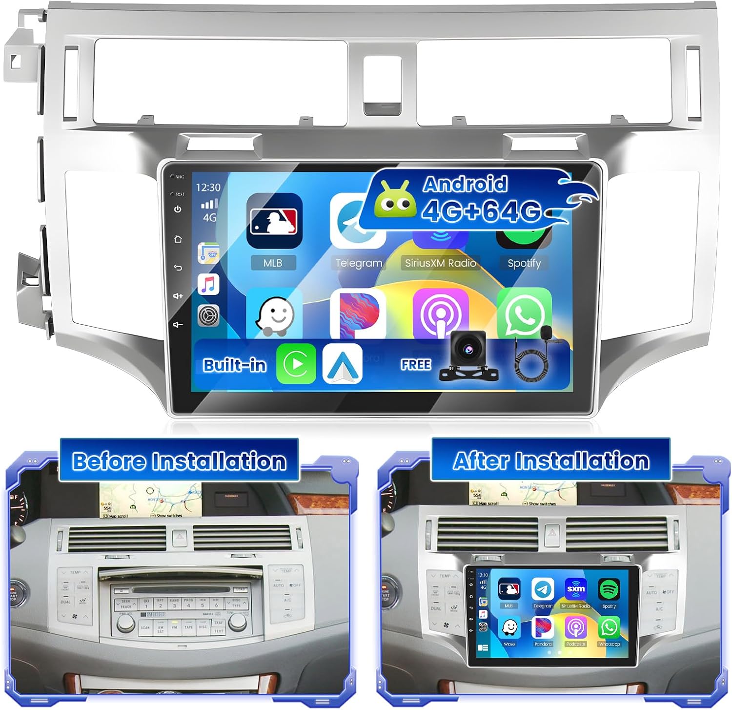 [4+64G] Hikity Android 15 Car Stereo for Toyota Avalon 2005 2006 2007 2008 2009 2010 Wireless Carplay Android Auto, 9'' Touchscreen Radio Bluetooth Mirror Link GPS WiFi SWC AI DSP/FM/RDS/EQ Backup Cam