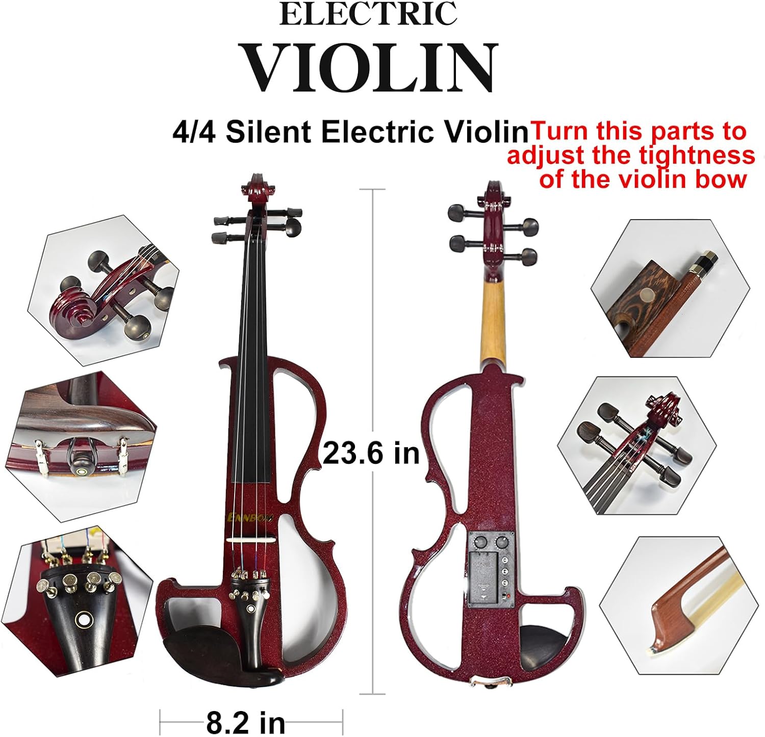 ENNBOM Beginner 4/4 Electric Violin Ebony Silent Violin Electric Violin Introductory Set (Wine red)