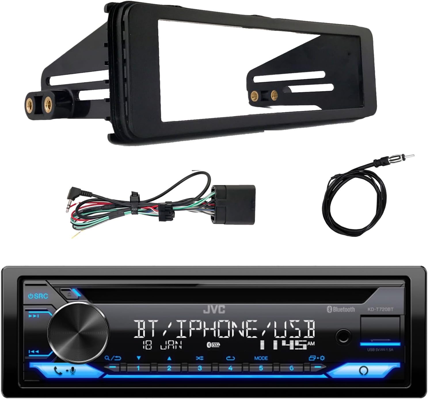 Single DIN AM/FM Radio Bluetooth CD Player Receiver with 98-13 Harley Davidson, HD Touring Stereo Installation Kit, 22