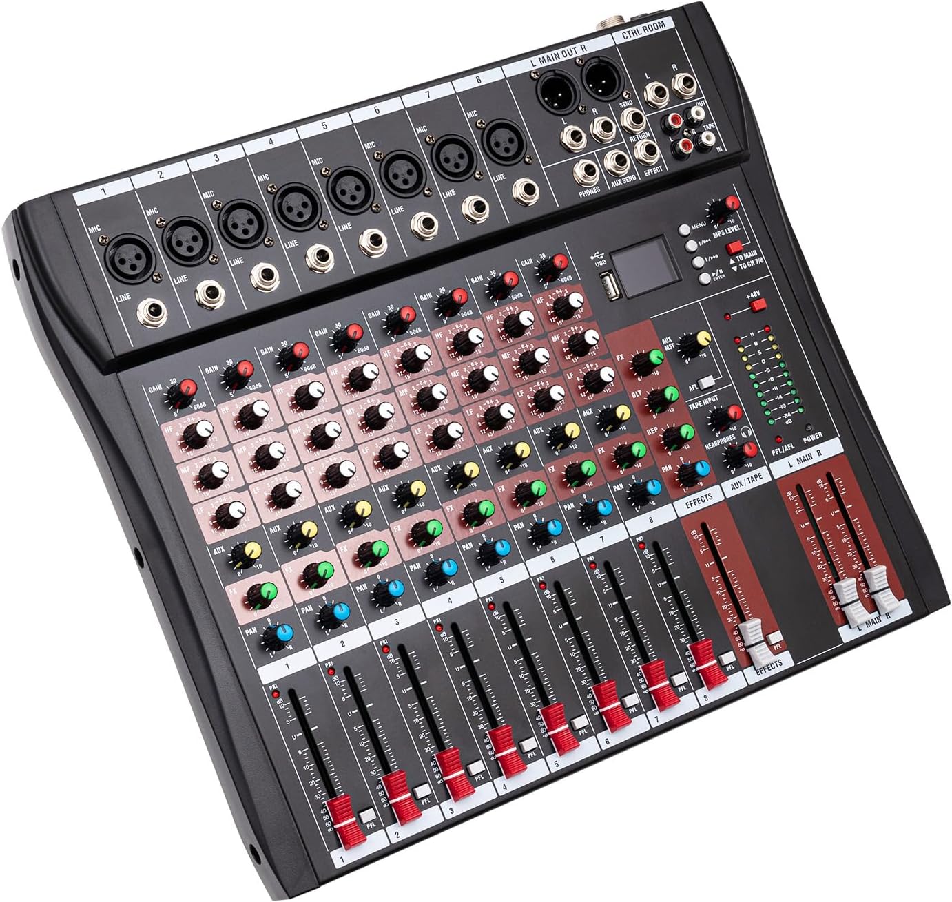 Professional Audio Mixer Sound Board Console System Interface 4 Channel Digital USB MP3 Input 48V Phantom Power Stereo DJ Studio FX Steel Chassis，Black Bluetooth USB Audio Mixer for PC