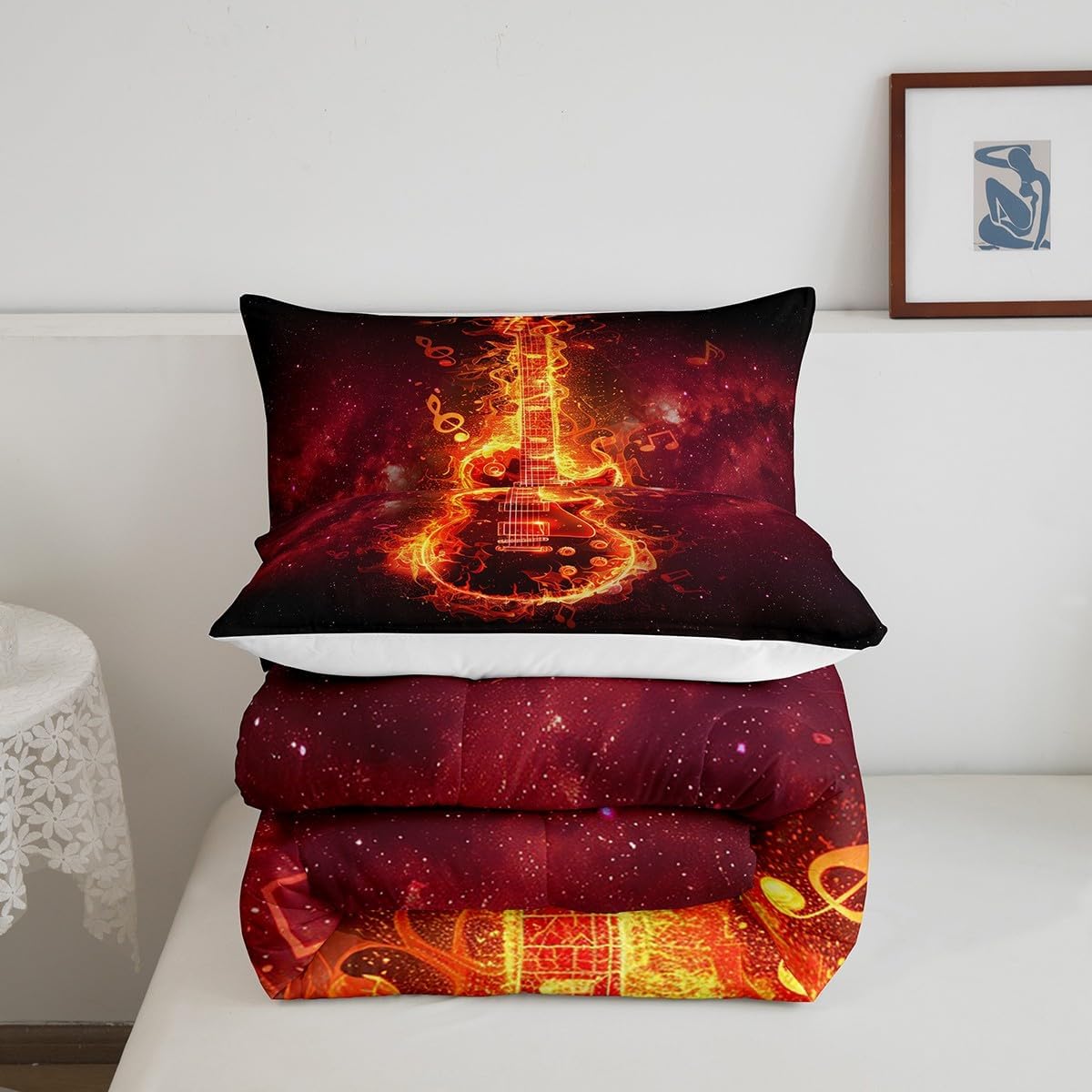 Red Bass Kids Comforter Set King Size,Fire Decor Musical Instrument Notes Quilted Duvet with 2 Pillowcases Guitar Pattern Nebula Galaxy Comforter for Boys Teens Bedroom