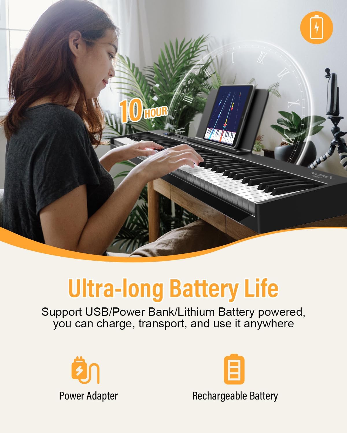 KONIX Foldable Piano Keyboard, 88 Key Full Size Semi Weighted Folding Piano Keyboard, Bluetooth Portable Electronic Keyboard Piano with Sheet Music Stand, Sustain Pedal and Piano Bag, Black