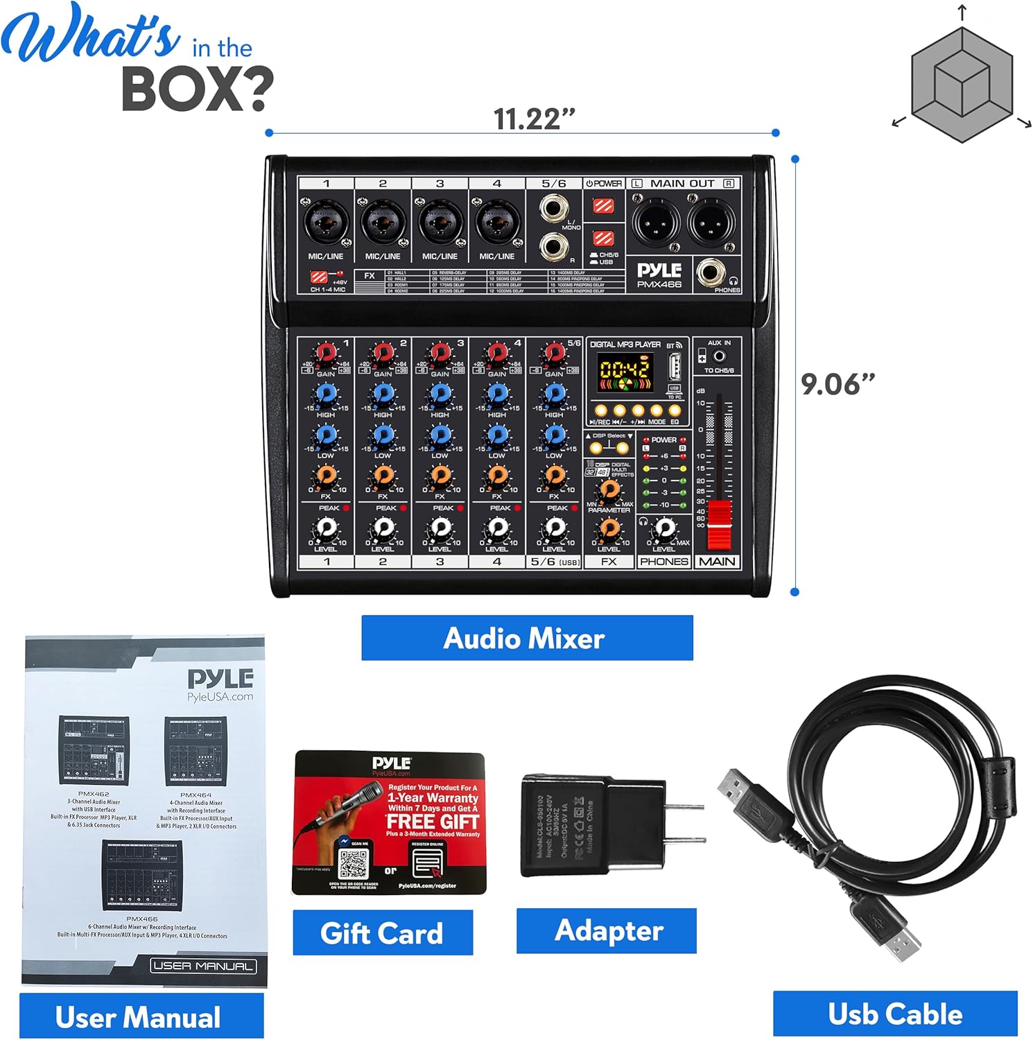 Pyle Professional Bluetooth DJ Audio Mixer - 6-Channel DJ Controller Sound Mixer w/DSP 16 Preset Effects, USB Interface, 4 XLR Mic/Line Input, AUX, FX Processor MP3 Player, Headphone Jack - PMX466