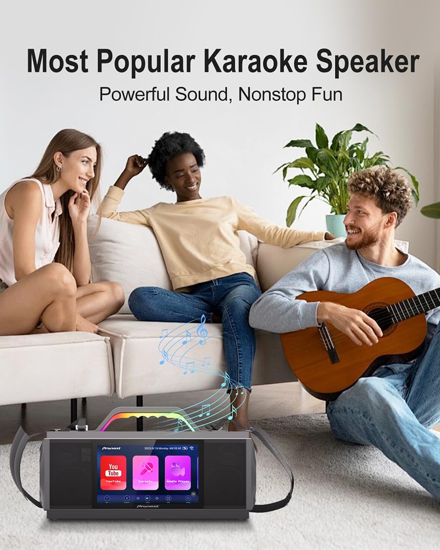 Pronext Karaoke Machine with Lyrics Display for Adults Kids, 200W Sound, 10 Inches Touch Screen, 2 Wireless Microphones, Portable Karaoke PA System, Connects to TV for Home, Party, or Backyard