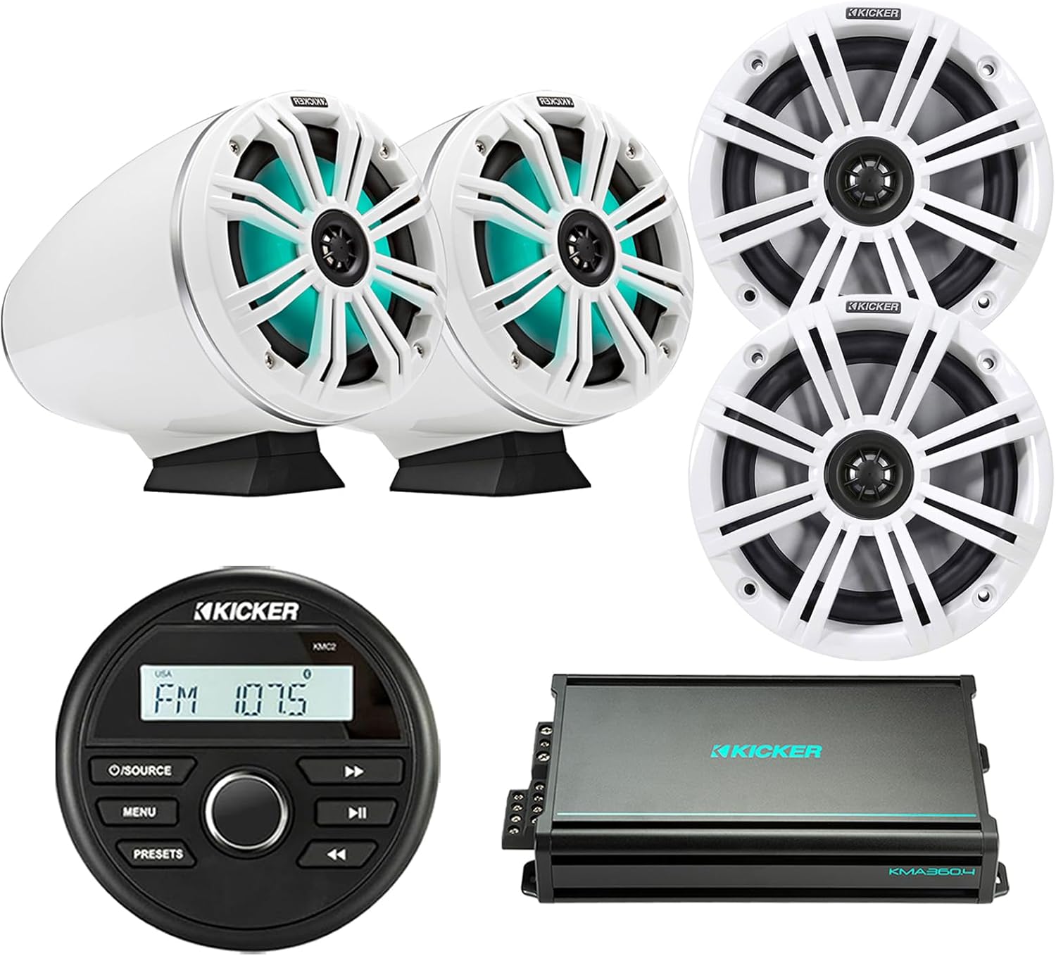 KICKER All-Weather Gauge Style Bluetooth Media Center Receiver, 2X 6.5 195W Max White Marine Multicolor LED Loaded Tower Speakers, 2X 6.5 OEM Replacement White Boat Speakers, 4-Channel Amplifier