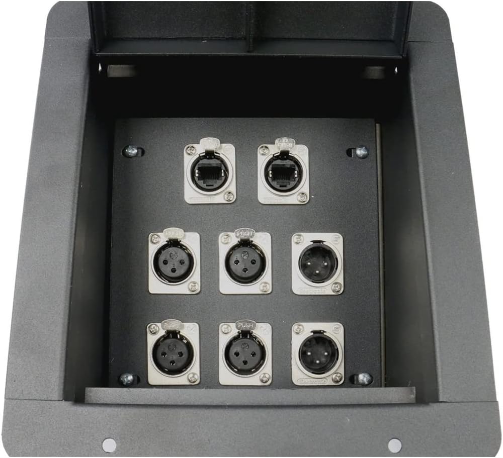 Elite Core | FB8-4XF2XM2E | Recessed Floor Box | 4 XLR Female, 2 XLR Male, and 2 Tactical Ethernet Connections
