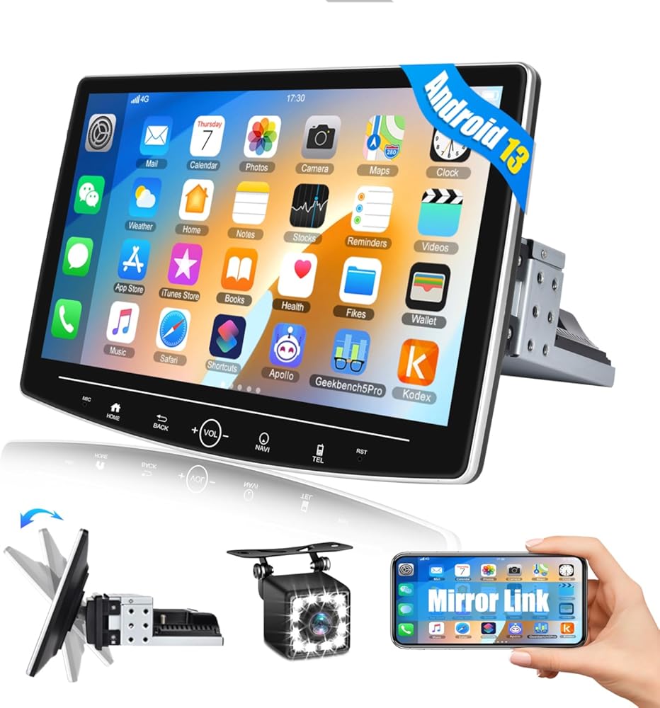 CAMECHO Android 13 Single Din Car Stereo with Navi, 10.1 Inch Floating HD Touch Screen Bluetooth Radio with Backup Camera, WiFi, GPS, Mirror Link, USB Input, Split Screen, FM RDS Audio