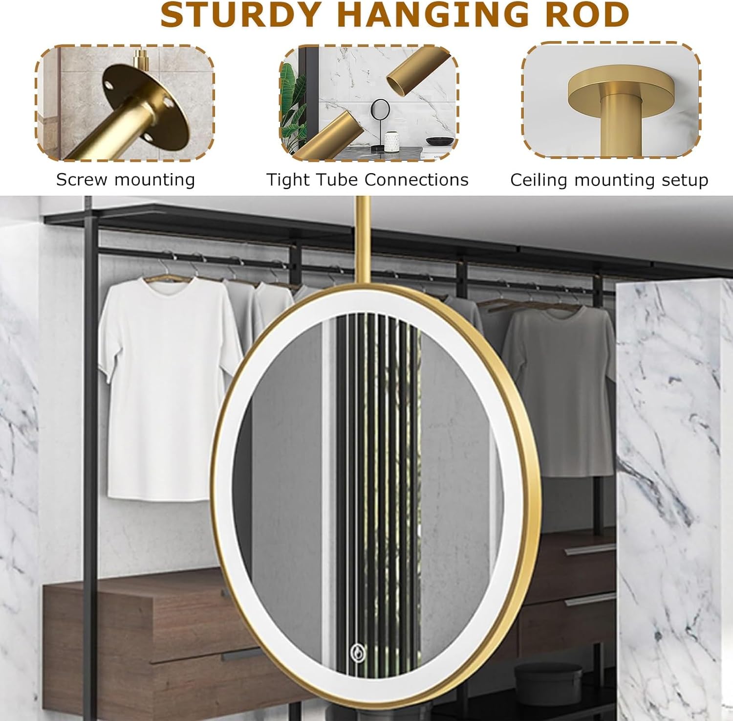 Ceiling Mounted Suspended Mirror For Ceiling Mount Mirrors For Bathrooms Hanging Bathroom Vanities Pivot Corner Mirror Wall Mount Vanity Make-up Decor Circle Metal Pole Gold Black LED Entryway(Gold,40