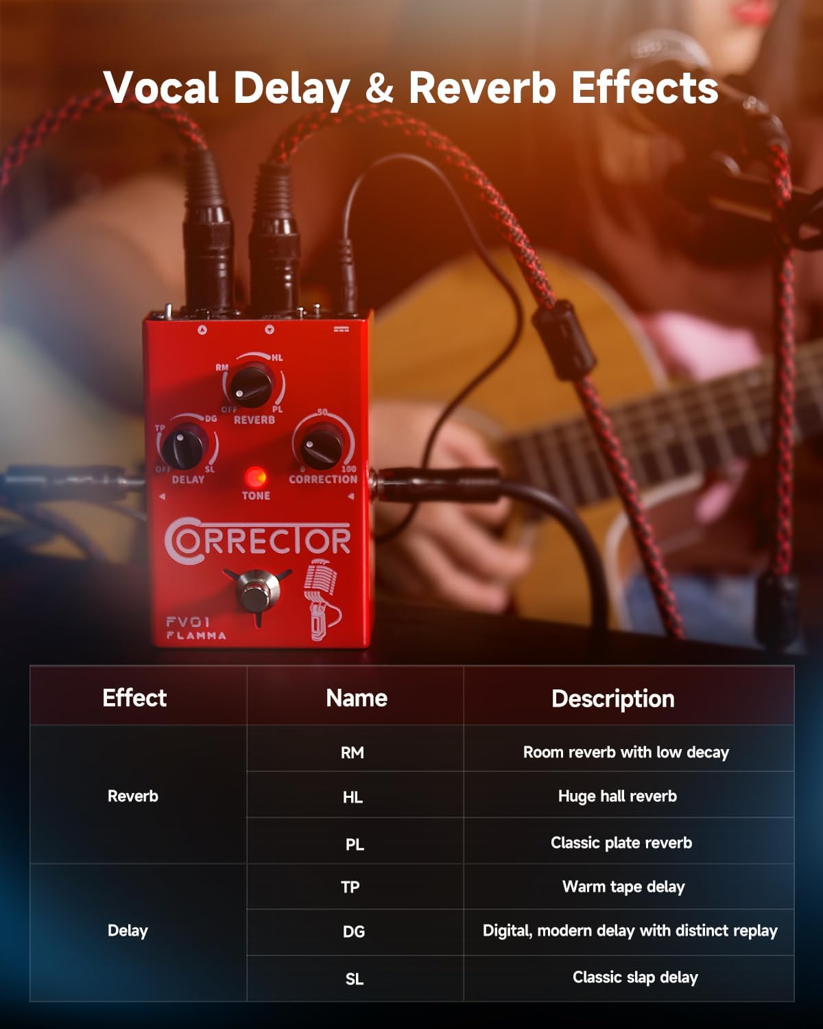 FLAMMA FV01 Vocal Effects Processor Pitch Correction Voice Pedal Vocal Stompbox Microphone Amplifier for Singer Live Singing Streaming Recording with Delay Reverb Acoustic Guitar Playing