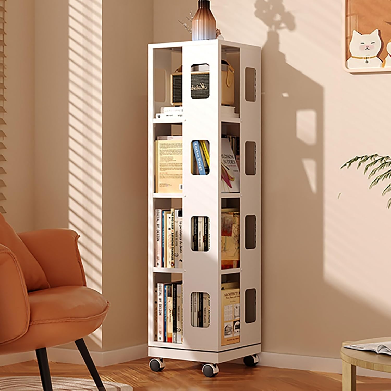 4-Tier Rotating Bookshelf, Freestanding Corner Book Shelf, 360° Spinning Bookcase, Metal Storage Rack with Wheels, for Living Room, Bedroom, Study