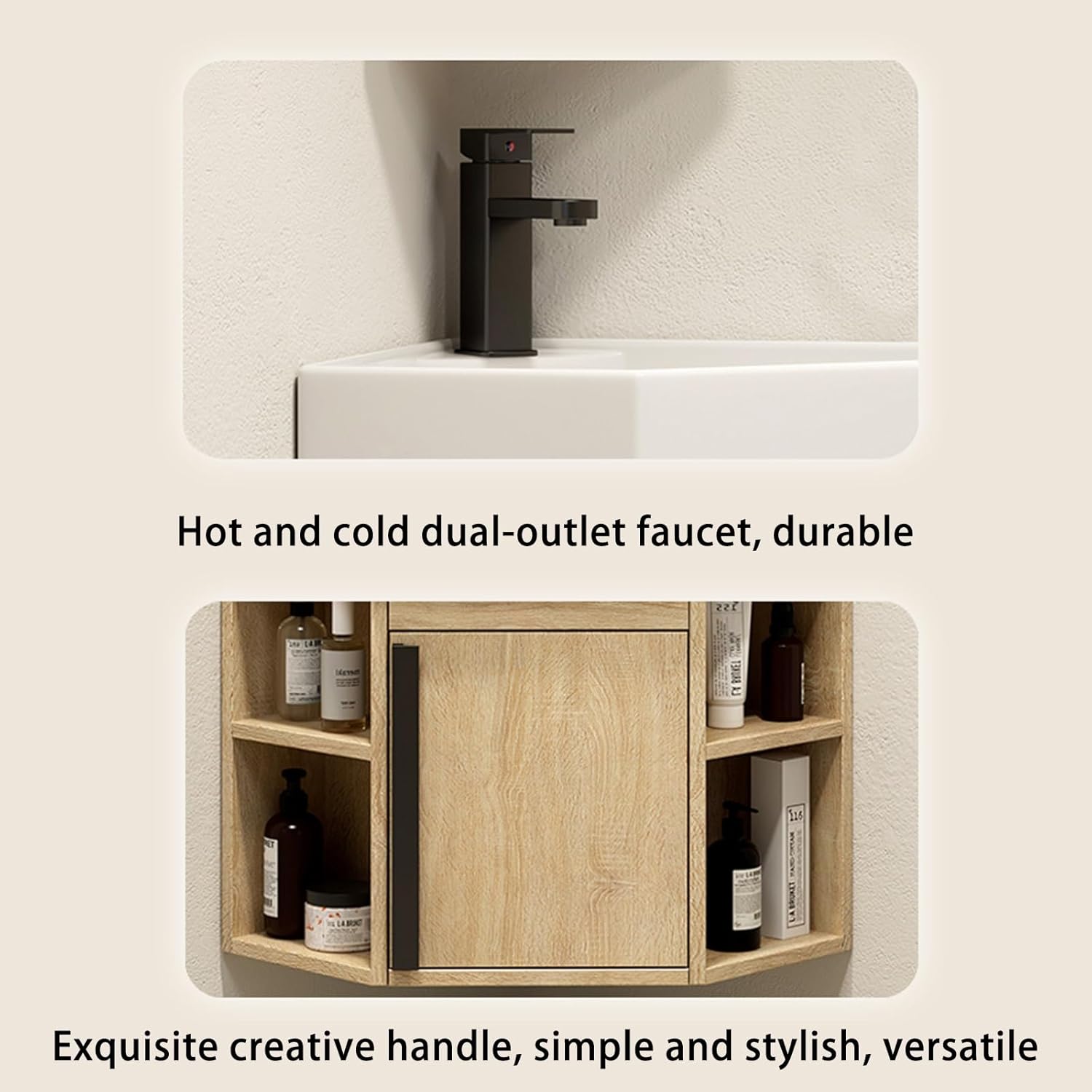 Small Corner Wall Mount Bathroom Sink Bathroom Vanity Cabinet bathroom sink with White Vessel Cabinet with Faucet and Drain bathroom Sinks with Storage Container with Overflow(40*40*52cm/15.7*15.7*20.