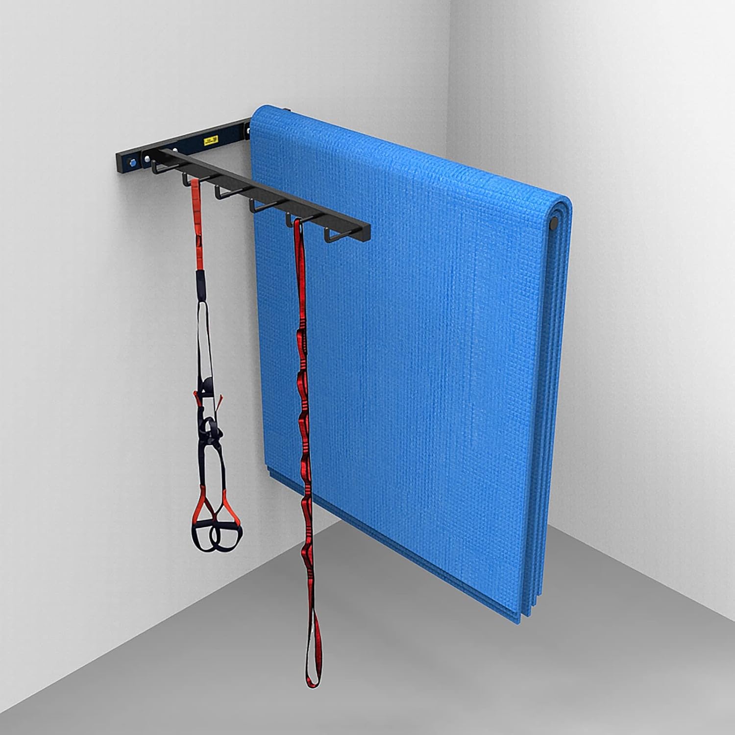 Wall Mount Yoga Mat/Balls Holder for Home/Gym/Office Corner, Heavy Duty Exercise Mats Storage Shelf with Hooks - for Hanging Yoga Straps
