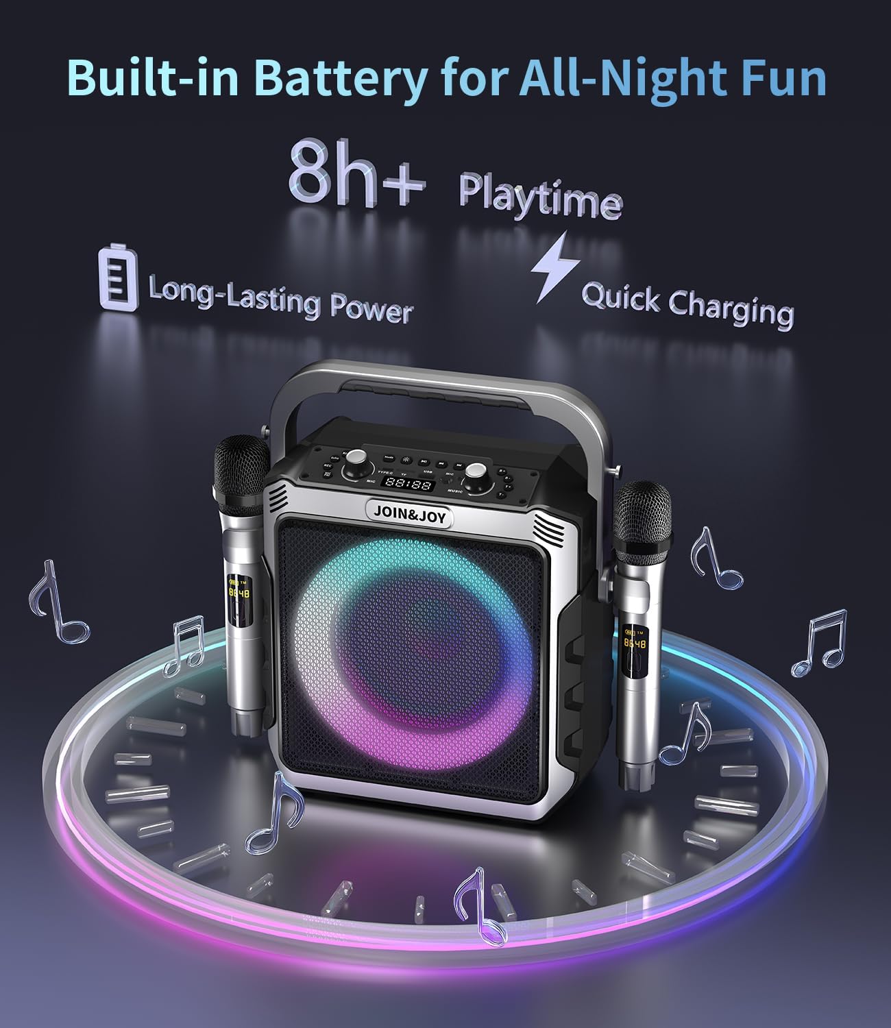 Portable Karaoke Machine, with Wireless Microphones, Bluetooth Party Speaker with LED Lights, Loud Subwoofer, USB/AUX, Outdoor Karaoke Speaker for Adults & Kids, Home & Party