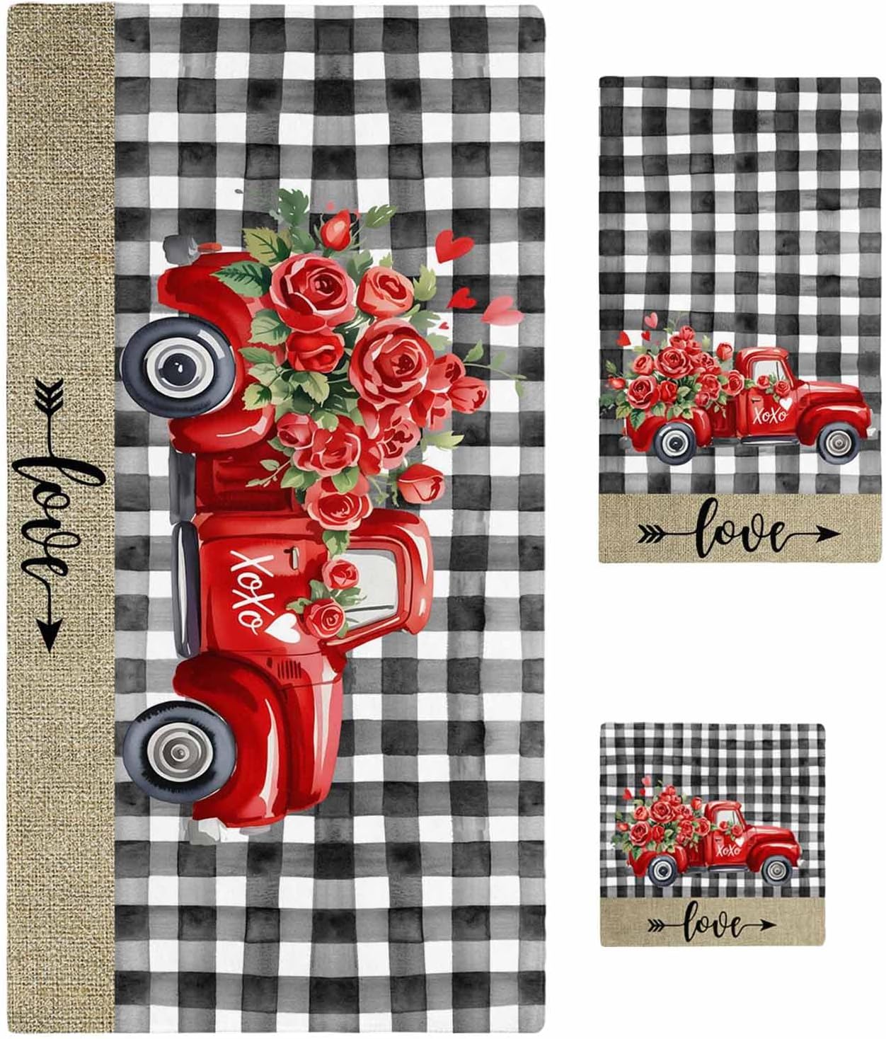 Happ Valentine's Day Bath Towels Set of 3 for Bathroom,Soft Absorbent Shower Beach Hand Face Hair Yoga Workout Gym Towel Dish Wahcloth,Red Roses Love Car Romantic Checked Quick Dry Bath Towels+Set