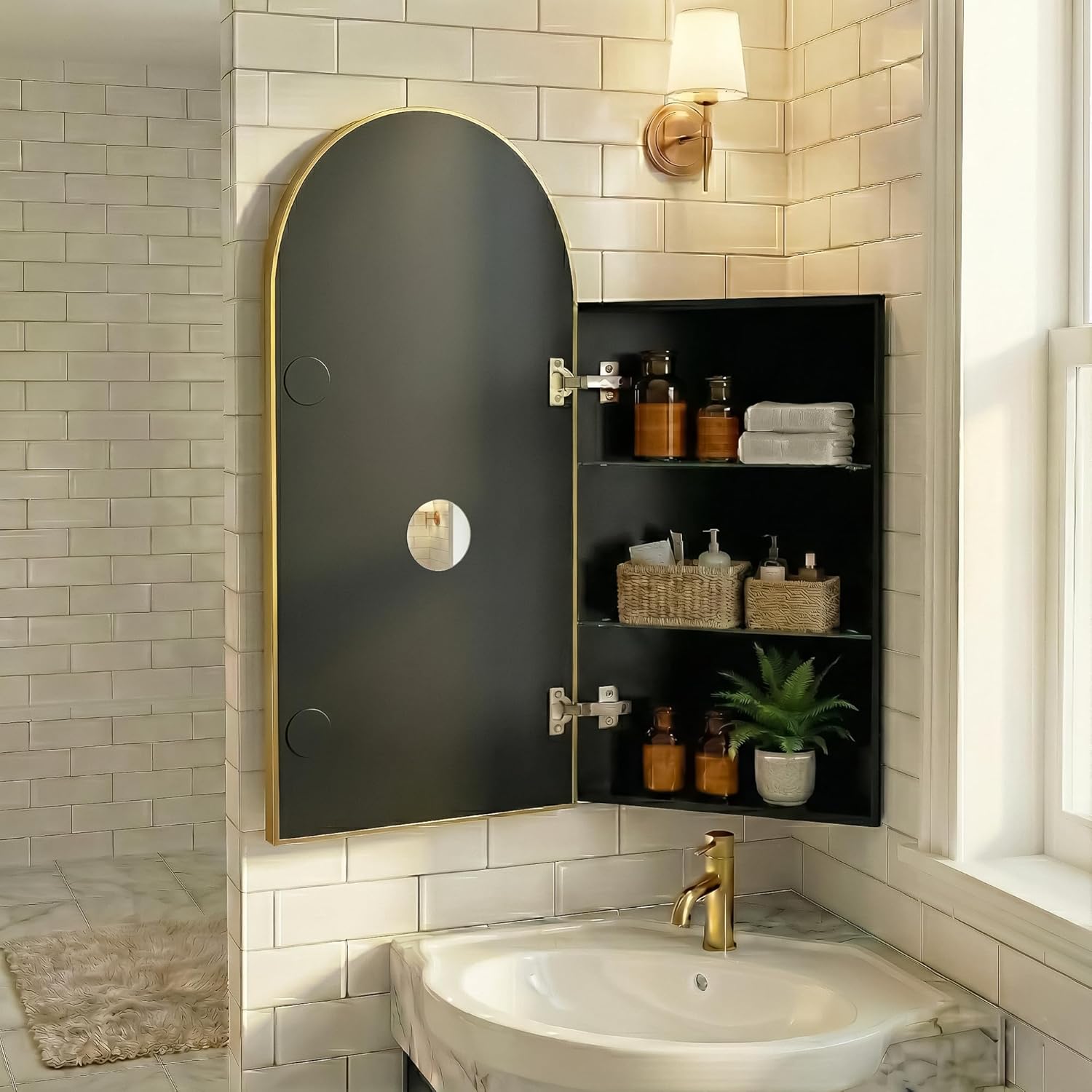 LED Corner Medicine Cabinet with Mirror, One-Touch Defogger, Arched Wall Mount Corner Bathroom Mirrored Cabinets 15.7