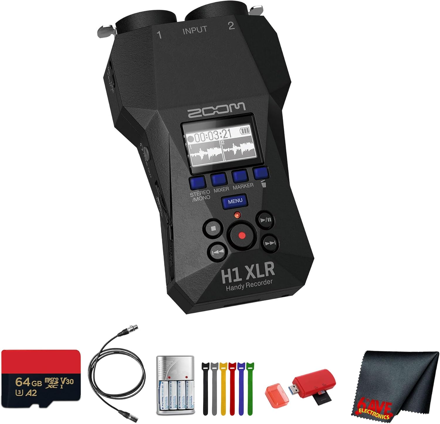 Zoom H1 XLR Portable Audio Recorder for Video Bundle with Microfiber Cleaning Cloth + 4X AA Batteries with Charger + Extreme Pro 64GB microSDXC Memory Card + USB Card Reader
