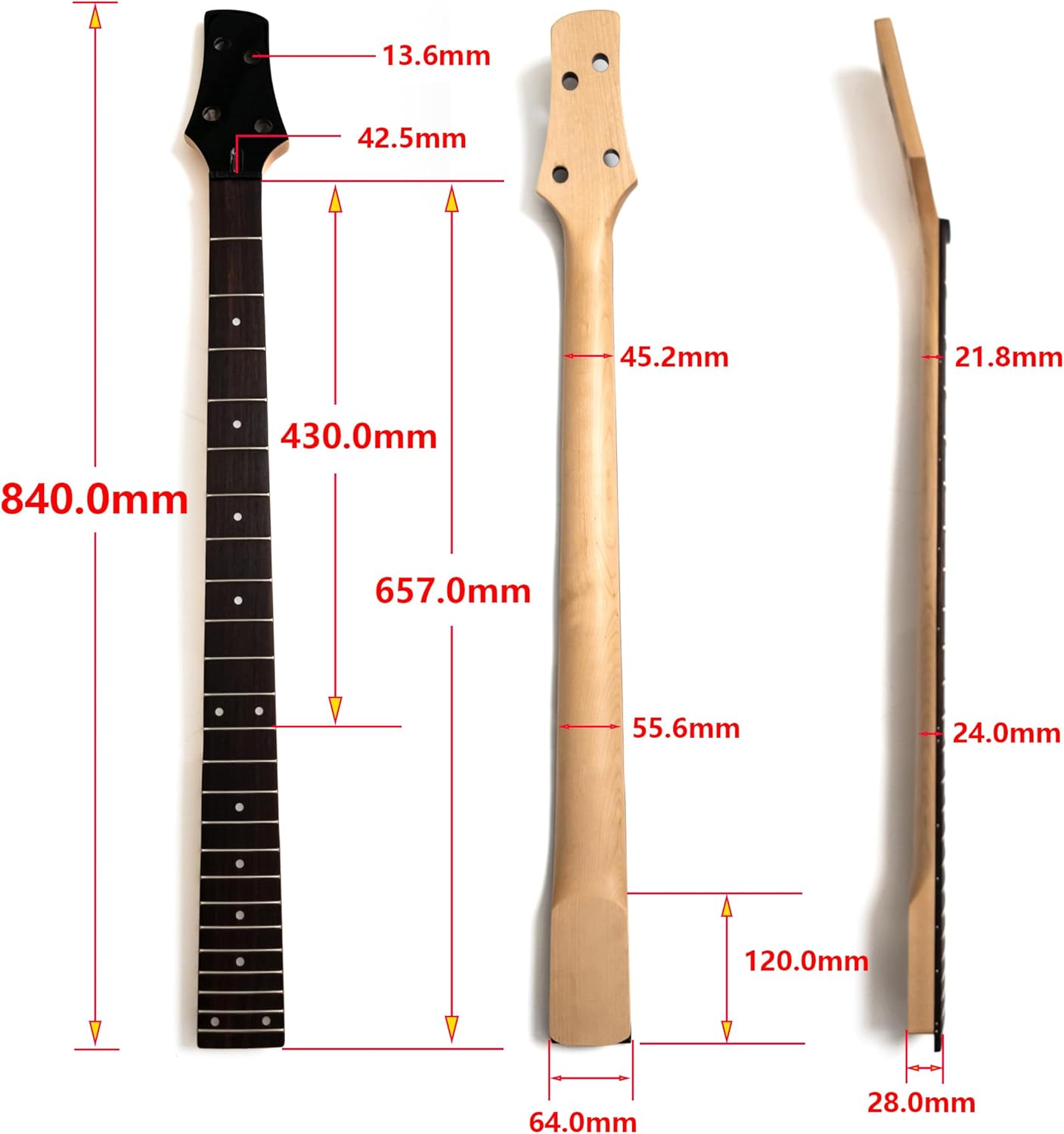 Premium Maple Guitar Neck for Ibanez Bass, 4-String 24 Fret Canadian Maple Neck with Rosewood Fingerboard, Gloss Finish, Also Compatible with Precision Bass Guitar Neck Replacement Parts