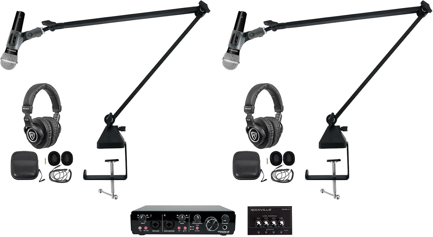 Rockville R-TRACK 2x2 Bundle: USB audio interface 24 Bit, (2) RMC-XLR dynamic mic, (2) PRO-M50 Studio Headphones, (2) R-BOOM 34
