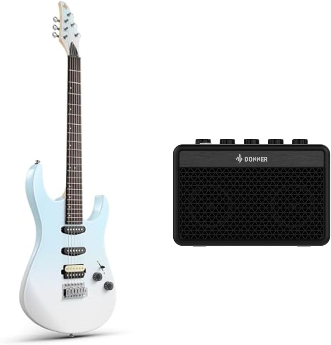 Donner DMT-66 39 Inch Full Size Electric Guitar for Beginner Starter Kit with Bag, Gradient Blue and Donner Mini Guitar Amp Small Electric Guitar Amplifier 5W