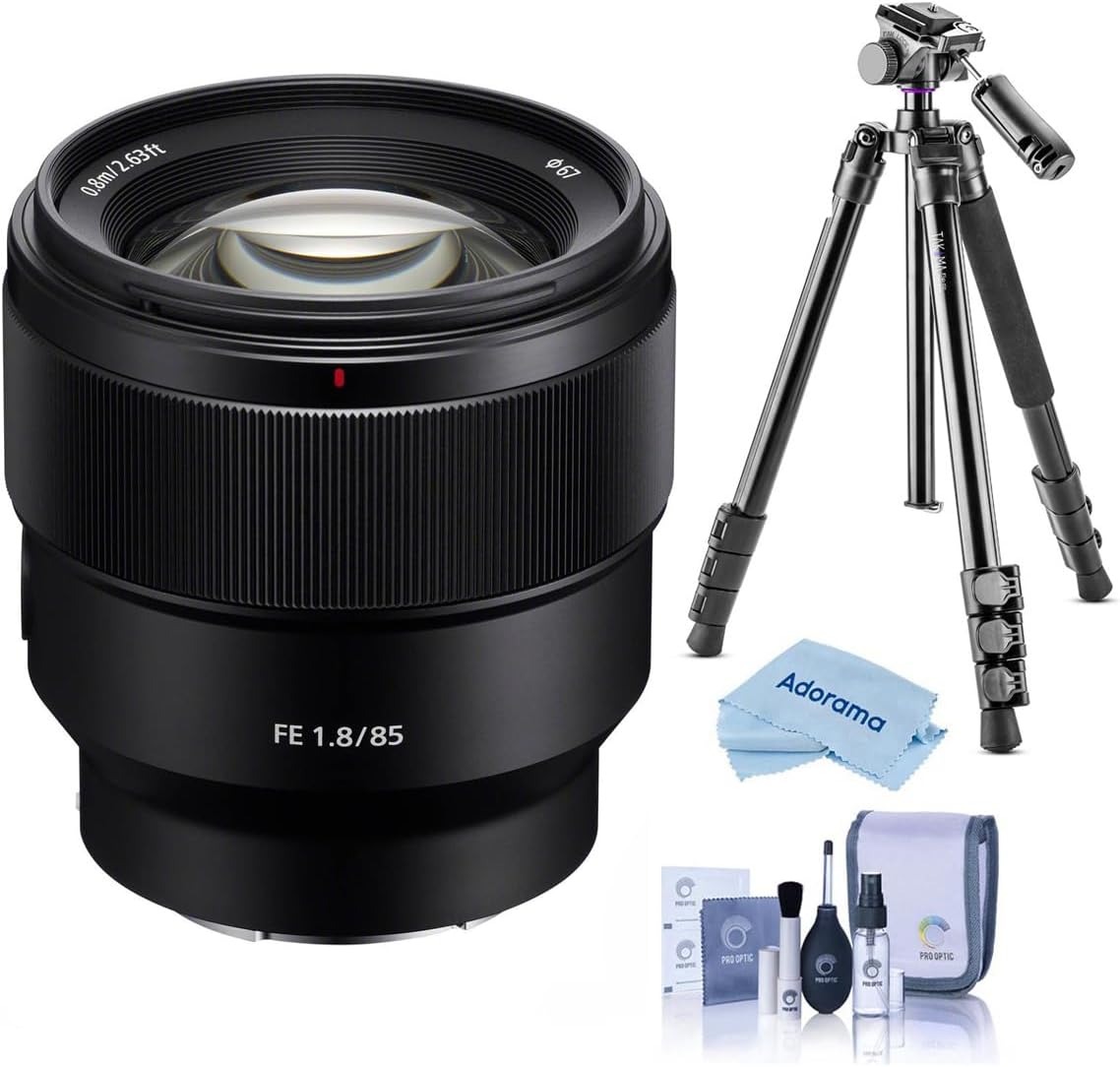 Sony FE 85mm f/1.8 Lens for Sony E, Bundle with Takama 3-Section Aluminum Video Tripod with Fluid Head, Cleaning Kit, Cleaning Cloth