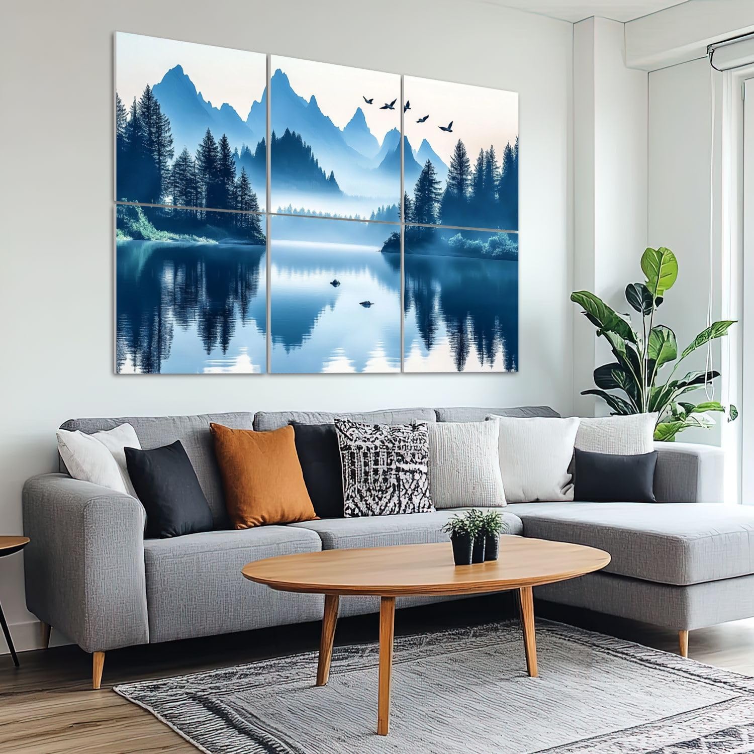 6 Pack Art Acoustic Panels Sound Absorbing Forest Modern Blue Mountains Lake Pine Trees Birds Flight Misty Decorative Soundproof Wall Panels Self Adhesive for Recording Studios Office 72