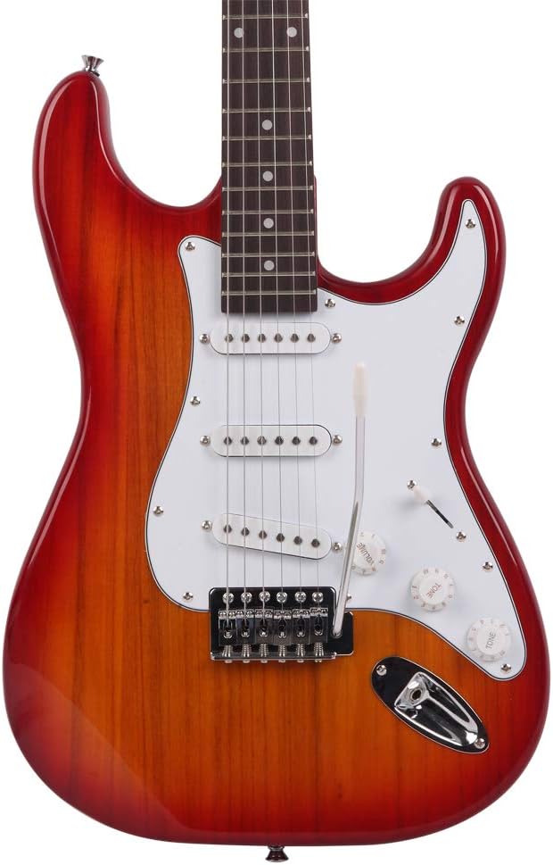 Unbranded Cherry Sunburst Electric Guitar, Rosewood Neck, SSS Pickups, 5-Way Selector, Double Cutaway, with Gig Bag, Strap, Cable, Pick, Whammy Bar, CSRG111