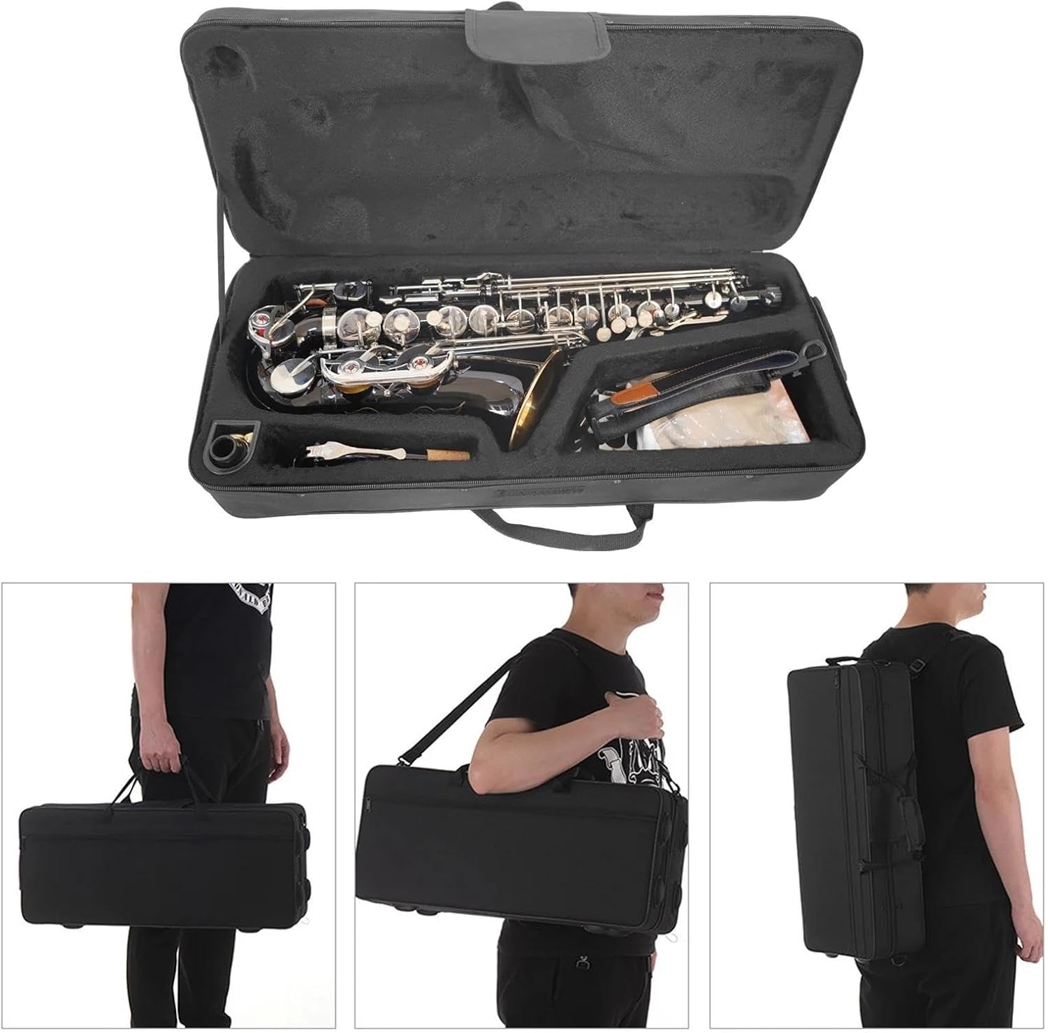 VBDEFRT Black Eb Alto Saxophone Sax Brass Body White Keys Woodwind Instrument With Carry Case Cloth Brush Sax Neck