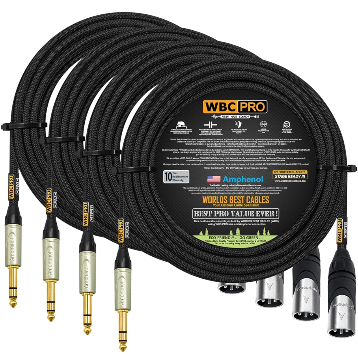 4 Units - 50 Foot - WBC-PRO-Quad Ultra-Silent Ultra-Flexible Balanced Star-Quad XLR to TRS Cable with Amphenol AX3M Male XLR & QS3P-AU Straight TRS Stereo Phone Plugs - Black Tweed Jacket