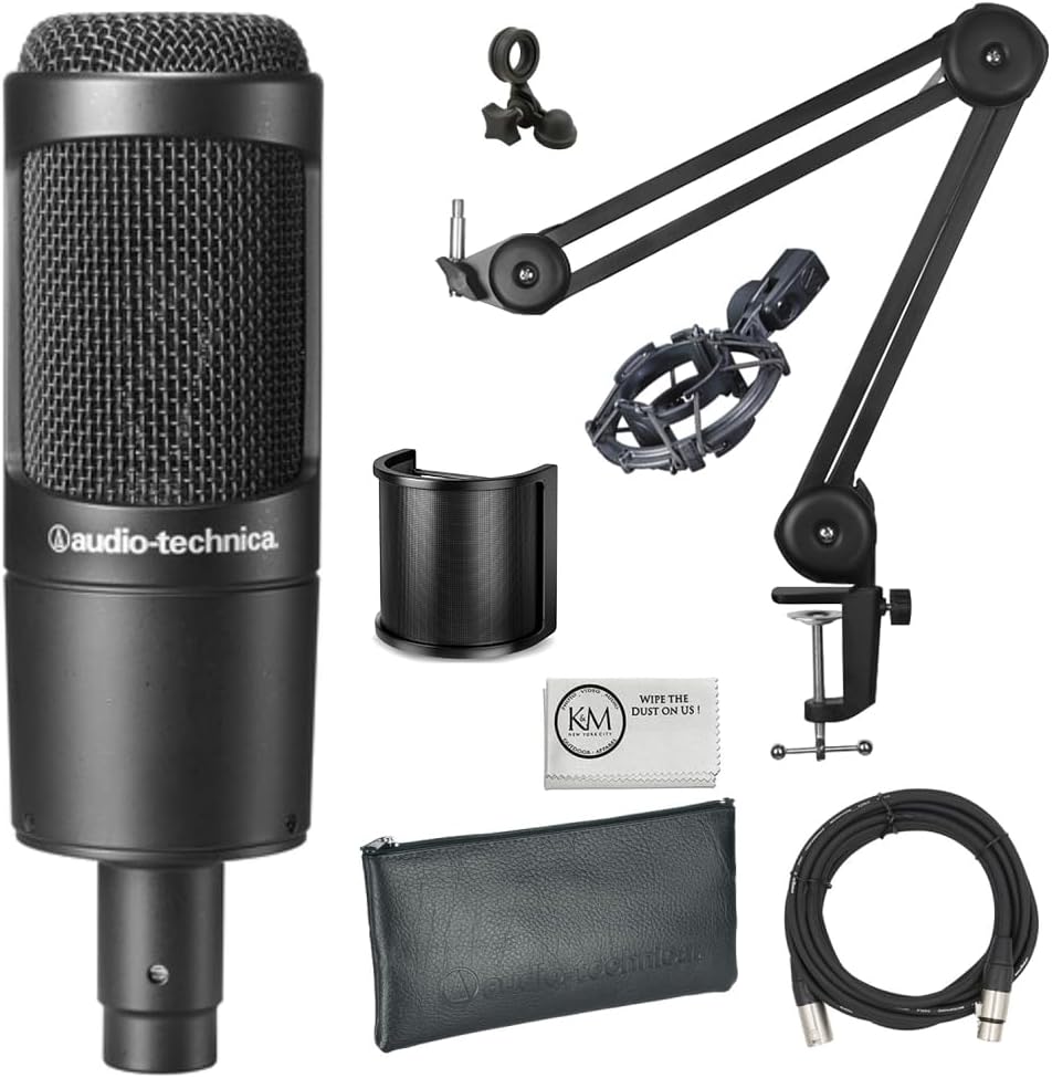 Audio-Technica AT2035 Cardioid Condenser Microphone Bundle with XLR Cable + Microphone Arm + U Shape Pop Shield + Microfiber Cloth (5 Items)