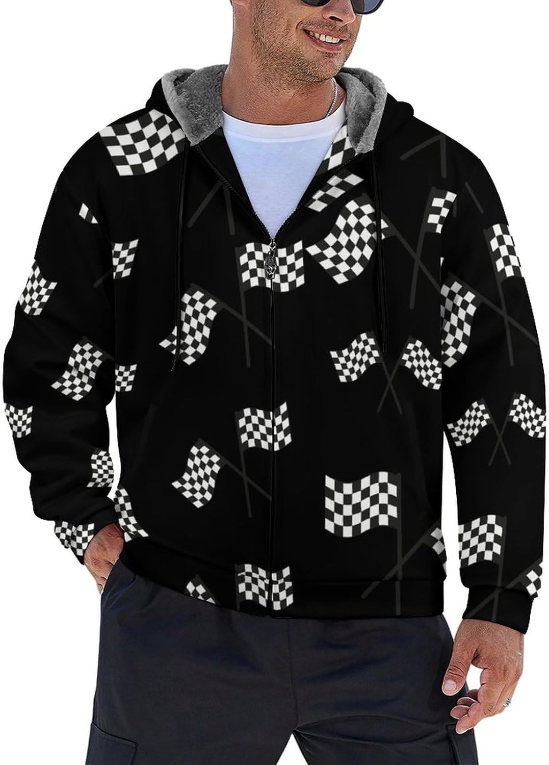Checkered Racing Flag Funny Hooded Coat Fleece Lining Sweatshirt Zip Up Jacket Warm Hoodie for Men