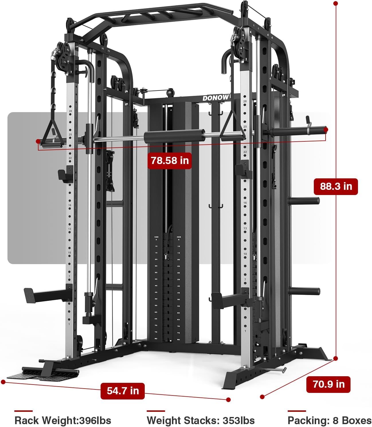 DONOW Smith Machine with Weight Stacks, Multi Function Home Gym System Training Power Cage Squat Rack Dual Cable Crossover Machine All in One