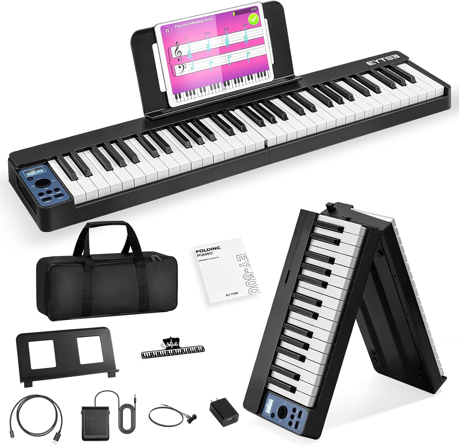 61 Key Folding Piano Keyboard, Semi-Weighted Key Folding Piano, Portable Piano Keyboard, Wireless & MIDI, Foldable Electronic Keyboard Piano for Beginners (Black)