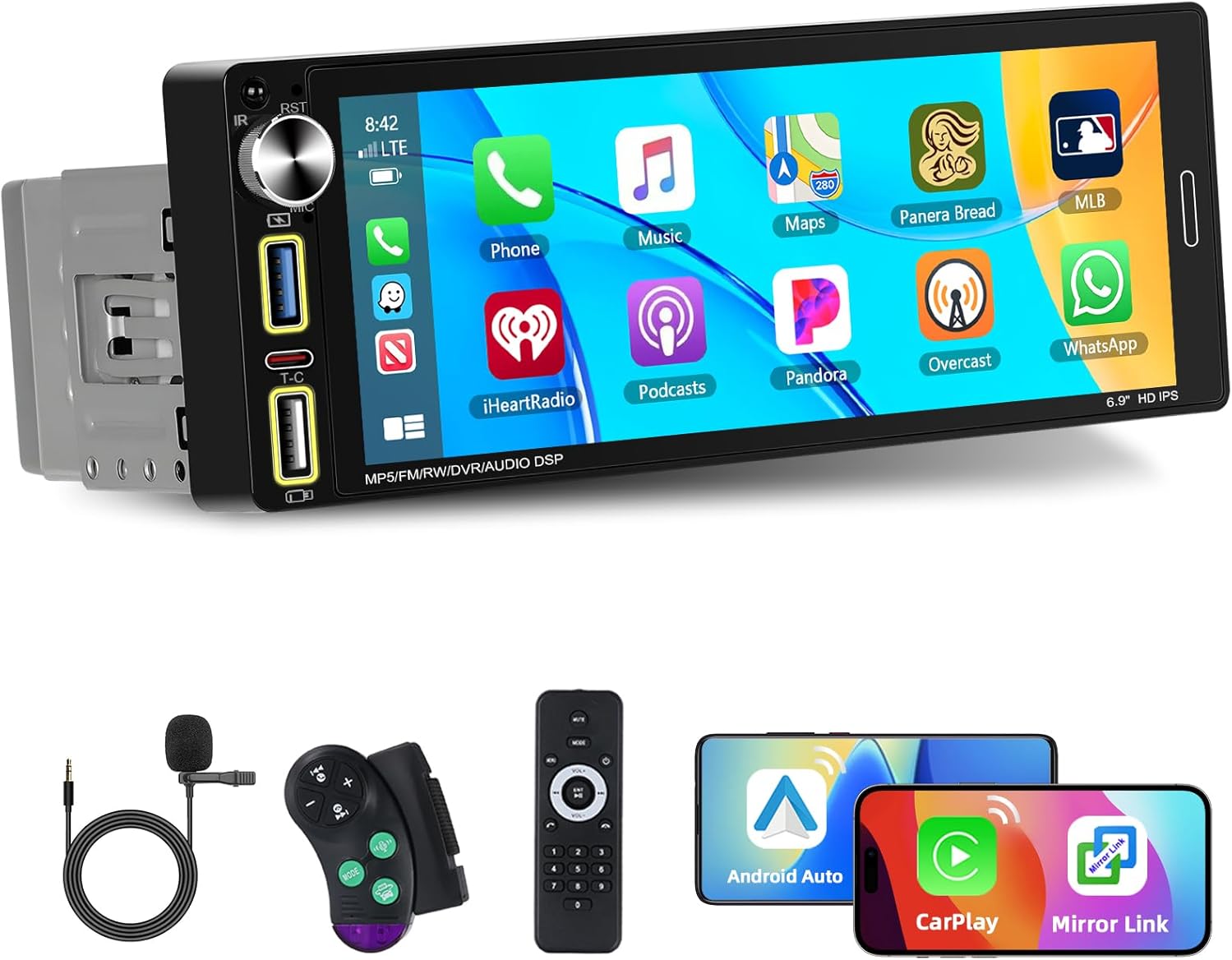 Single Din Car Stereo with Wireless Apple Carplay, 6.9 Inch Touchscreen Car Radio with Bluetooth 5.0 Android Auto Mirror Link FM/EQ USB/AUX/TF/SWC+Remote Control+Mic