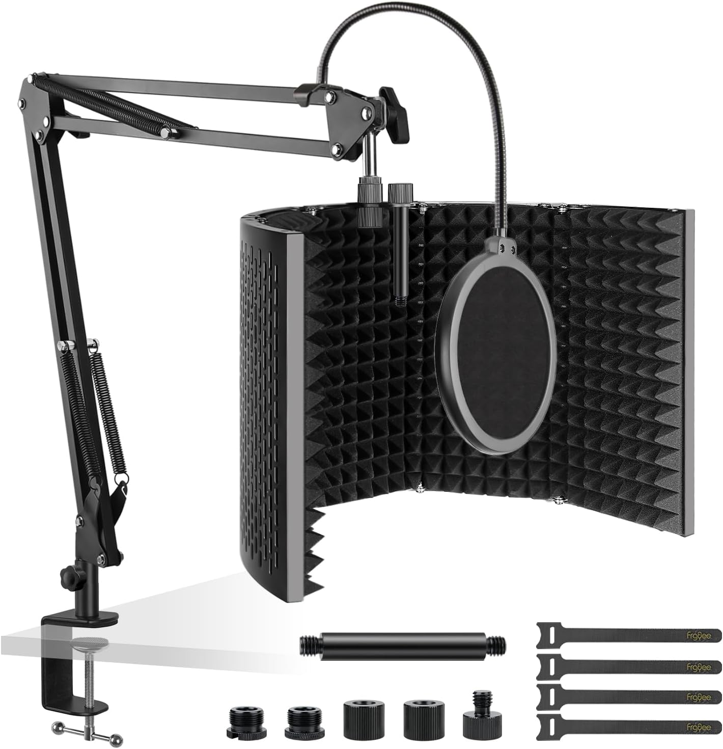 Microphone Isolation Shield, 5 Panels Foldable Mic Sound Shield with Adjustable Mic Boom Arm and Pop Filter, High Density Absorbent Foam for Most Mic Recording, Vocal and Podcasts