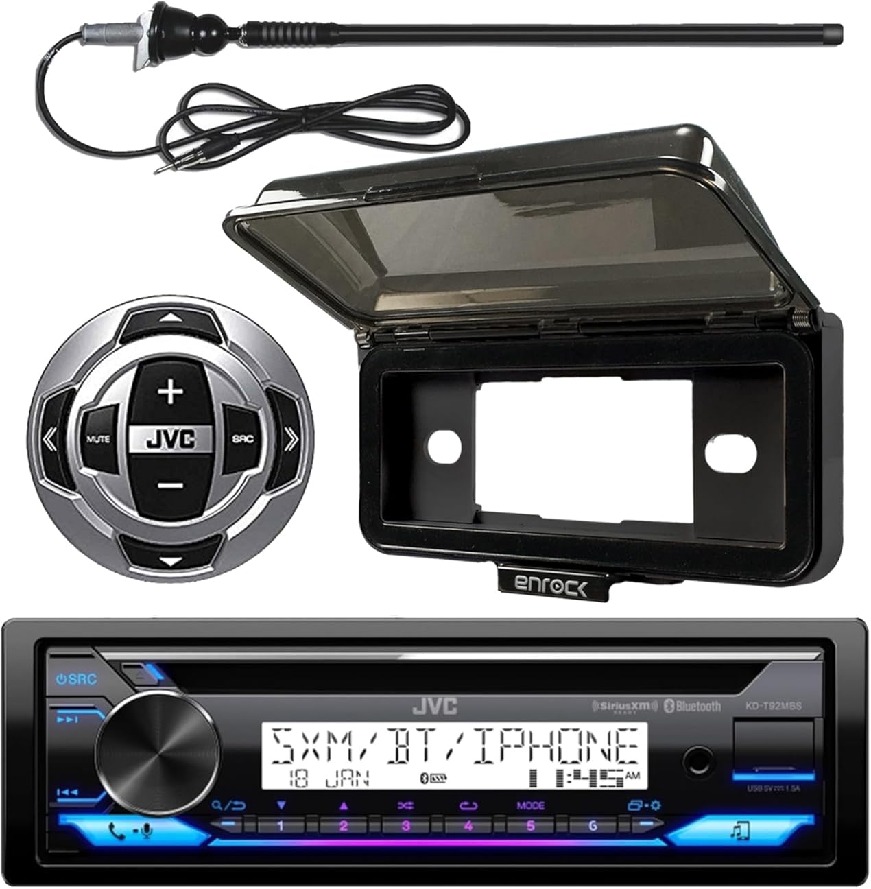 JVC in-Dash Marine Boat Yacht Bluetooth Radio USB Stereo Receiver CD Player Bundle Combo with Remote Control, Enrock Dash Kit Protector UV-Resistant Weather Shield Receiver Cover, Radio Antenna
