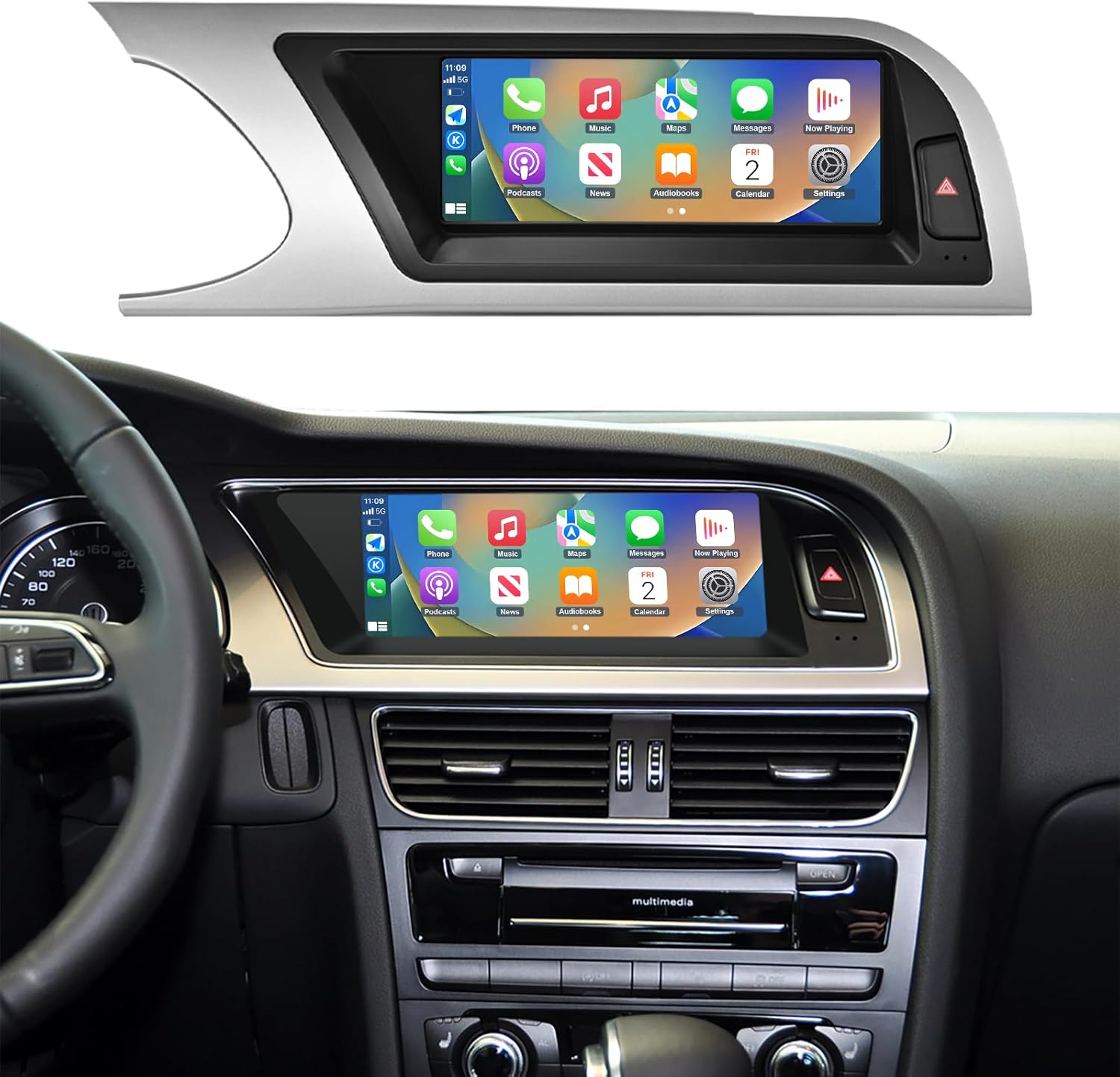 Road Top 8.9 Inch Car Radio Wireless CarPlay Touchscreen for Audi A5 2009-2015 Year with 3GMMI, Car Radio Stereo Multimedia Screen, Support Wireless Android Auto, Navigation, Mirrorlink